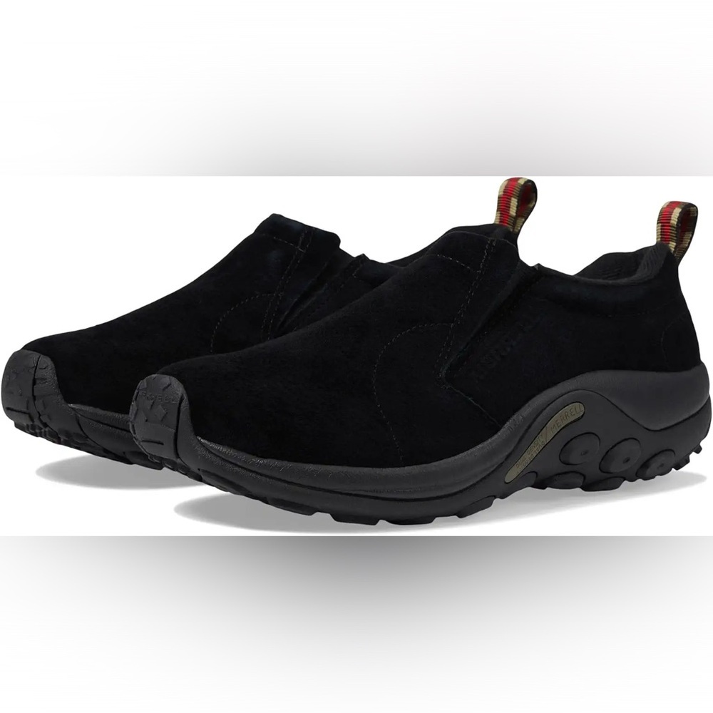 Merrell Black Slip-On Loafers with Red Pull Tabs